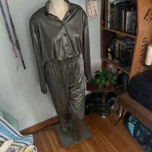 Vintage Deadstock Silver Metallic 80s Pantsuit jumpsuit romper